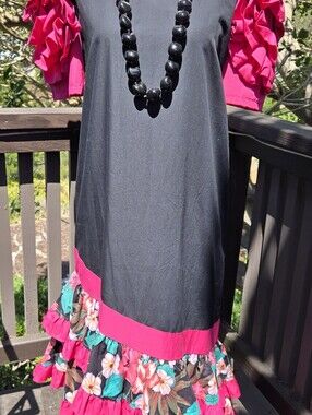 Vintage Black & Pink Hawiian MuuMuu Dress Pink Floral Ruffle Hem and Sleeves